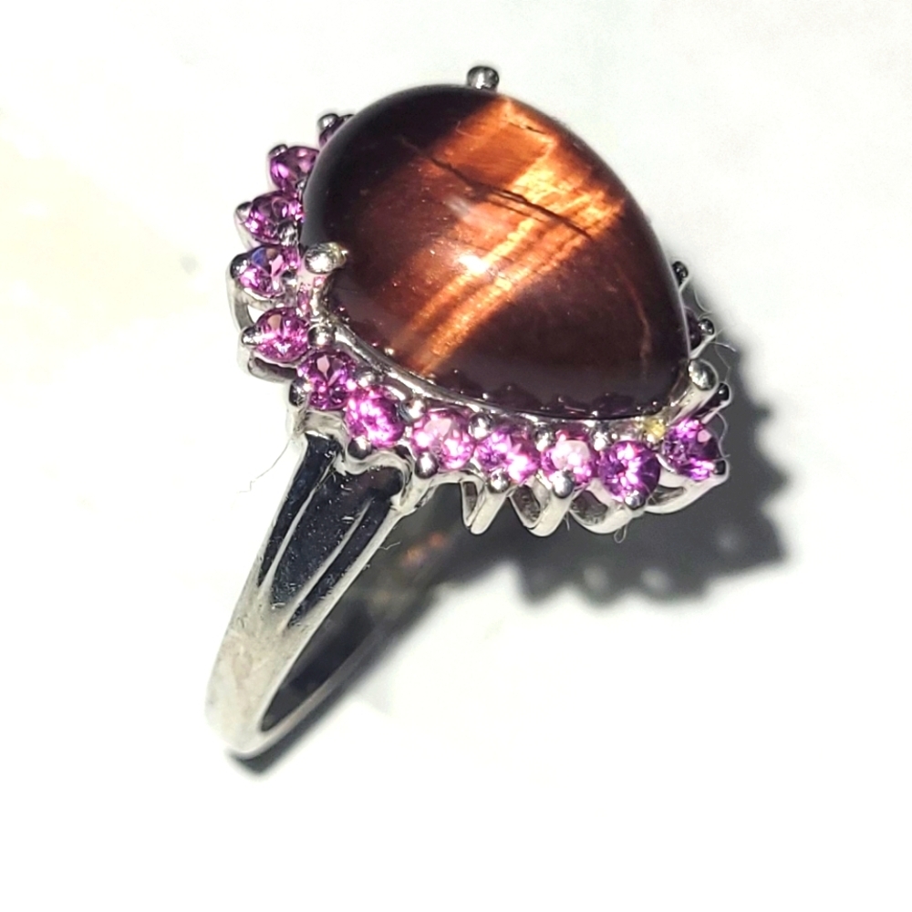 Ring 5 Tiger eye w Pink Crystal Halo Sterling silver